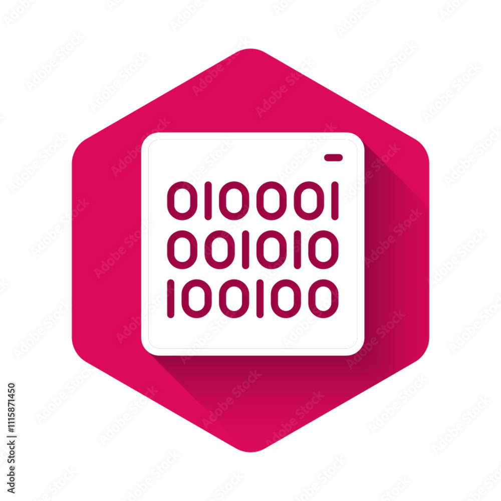 Poster white binary code icon isolated with long shadow background. pink hexagon button. vector