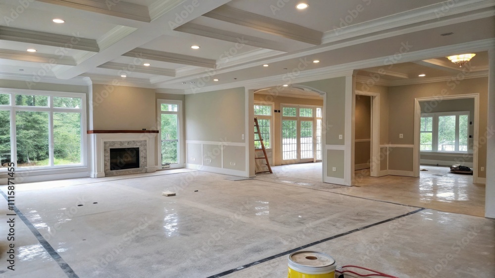 Poster a view of an openconcept living area displaying a misty sheen of freshly applied adhesive on the flo