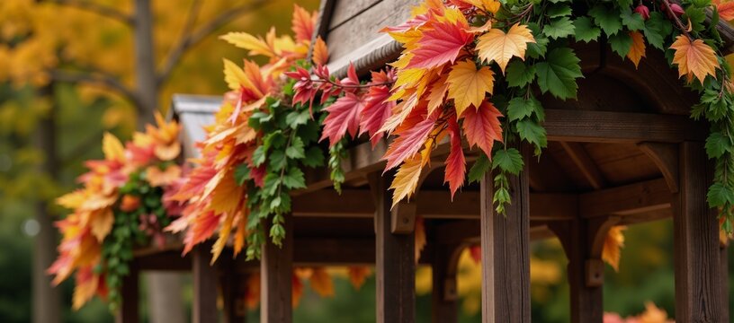 A lush Sukkah adorned with an array of vibrant autumn foliage