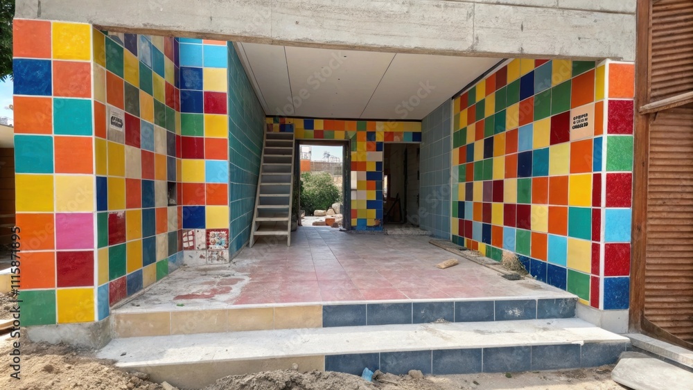 Aufkleber A vibrant tiled entryway featuring a patchwork of color where bright tiles contrast with the concrete where work is still in progress.