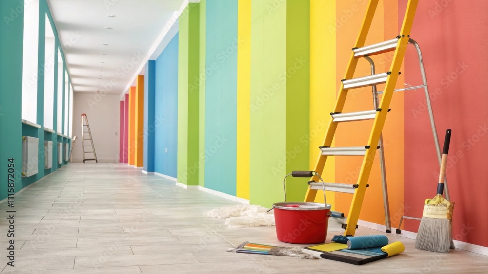 Aufkleber a vibrant hallway with freshly painted walls where a tool kit rests under a fresh coat of paint brus