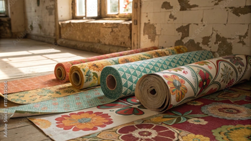 Poster A vibrant eclectic mix of wallpaper rolls tered across an old carpet with a soft light source casting a warm glow over the materials.