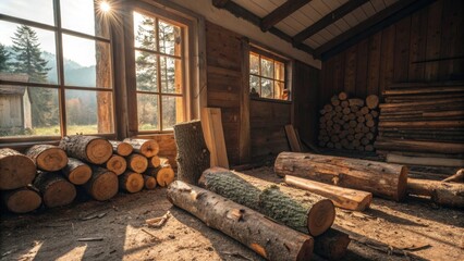 A vibrant mix of wooden offs both long and short lying haphazardly in an open space illuminated by natural light coming through a nearby window.