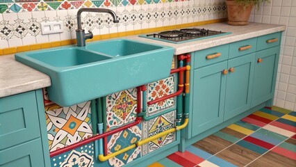 A vibrant eclectic kitchen scene featuring a teal sink set within a patterned tile countertop with colorful plumbing pipes snaking out from beneath adding a whimsical element.