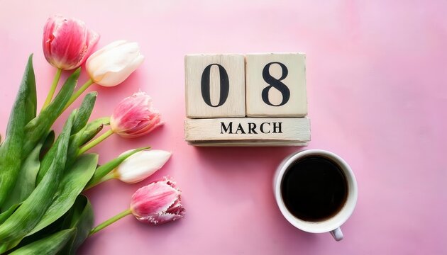 Celebrate International Women’s Day with Elegant Pink Tulips, a Cozy Coffee Moment, and a Rustic Wooden Calendar Highlighting March 8. Perfect for Social Media, Blogs, and Creative Greeting Ideas - Powered by Adobe