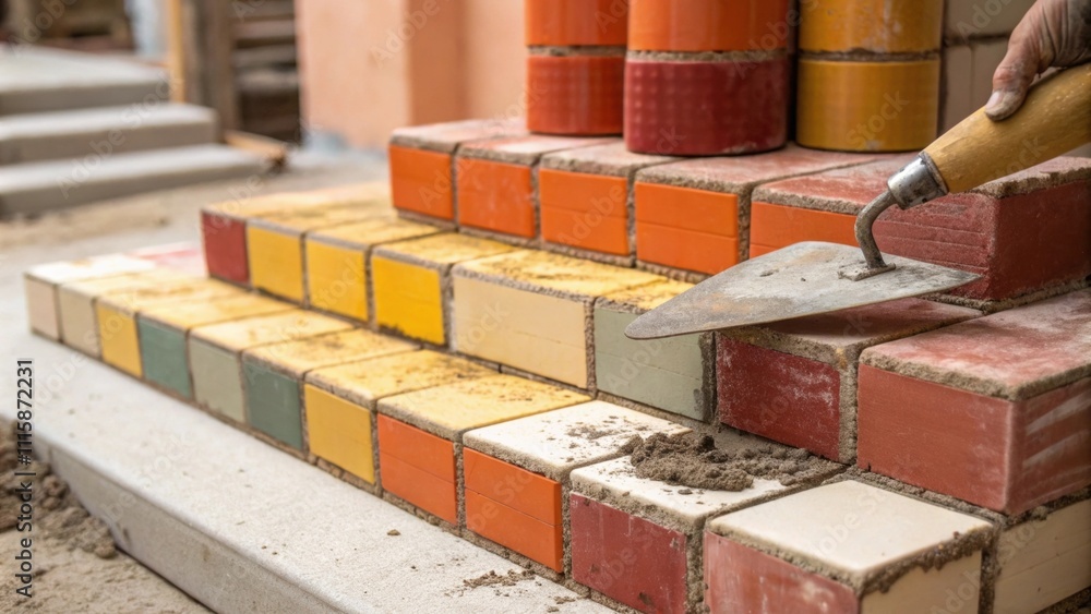 Poster a vibrant display of irregularly stacked ceramic tiles in warm hues with a trowel angled against the