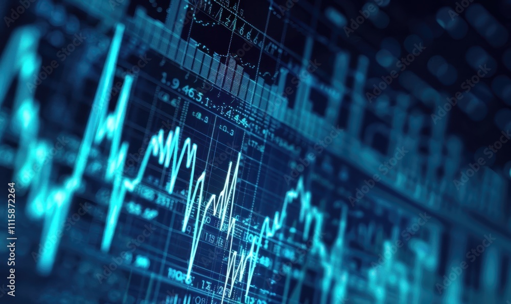 Poster blue digital stock market data graphs display