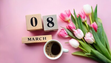 Celebrate International Women’s Day with Elegant Pink Tulips, a Cozy Coffee Moment, and a Rustic Wooden Calendar Highlighting March 8. Perfect for Social Media, Blogs, and Creative Greeting Ideas