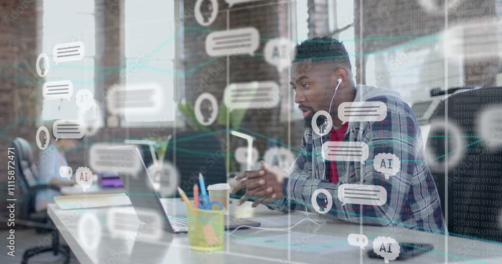 Poster image of data processing and ai chat over biracial businessman having image call in office