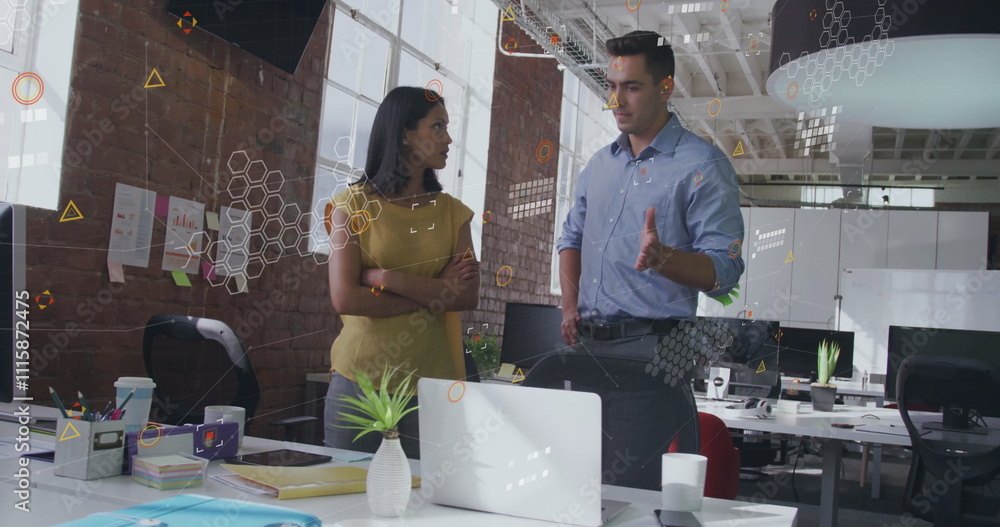 Aufkleber image of data processing over diverse colleagues discussing work in office