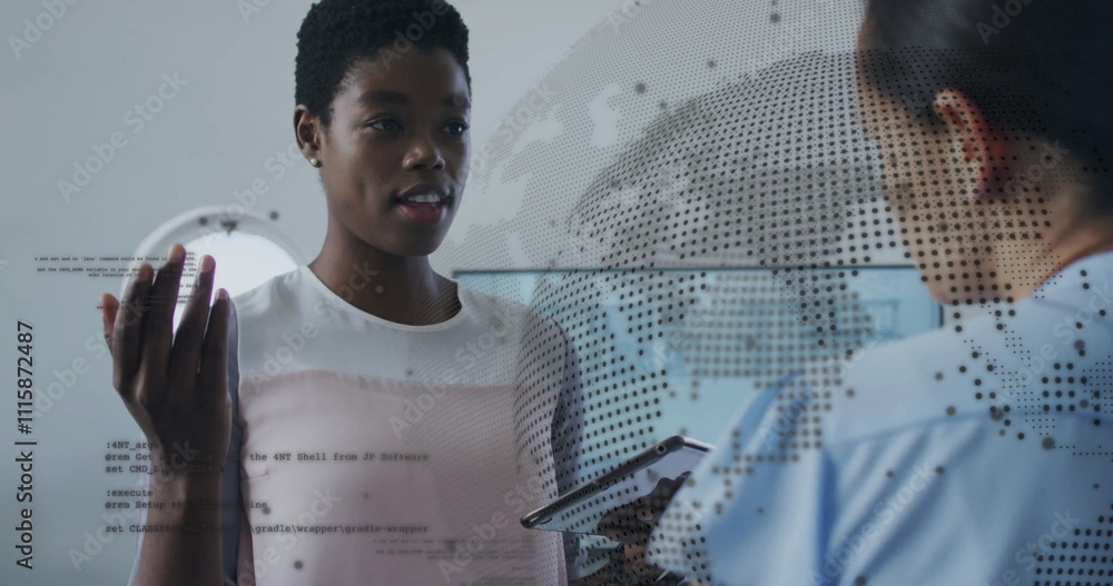 Poster image of data processing and globe over diverse female colleagues discussing work in office
