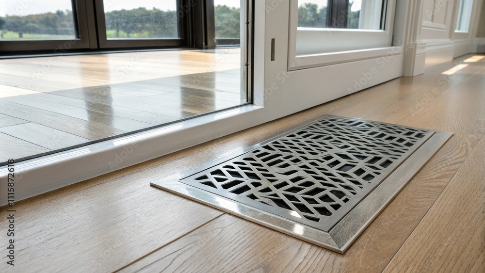 Poster a vent cover with a geometric pattern waiting to be fitted resting on a newly laid laminate floor re