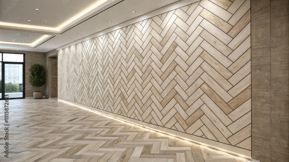 Poster a vertical shot of a wall installation featuring the same herringbone tile theme demonstrating how i