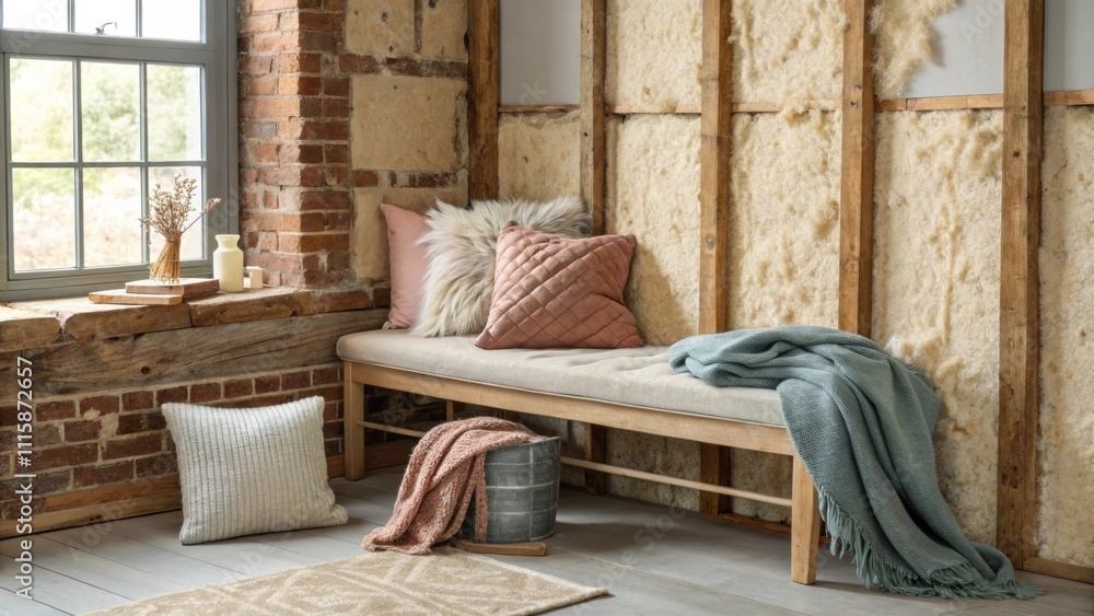 Aufkleber A versatile corner showcasing a mix of textures including soft textiles on a bench with exposed insulation providing a contrasting backdrop that tells a story of renovation.