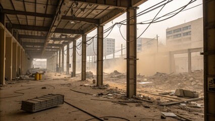 A vertical view of dismantled partition sections showcasing the mess of debris that reveals hidden structural elements surrounded by dustfilled air.