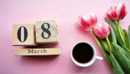 Celebrate International Women’s Day with Elegant Pink Tulips, a Cozy Coffee Moment, and a Rustic Wooden Calendar Highlighting March 8. Perfect for Social Media, Blogs, and Creative Greeting Ideas