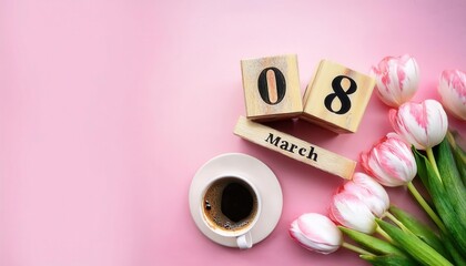 Celebrate International Women’s Day with Elegant Pink Tulips, a Cozy Coffee Moment, and a Rustic Wooden Calendar Highlighting March 8. Perfect for Social Media, Blogs, and Creative Greeting Ideas