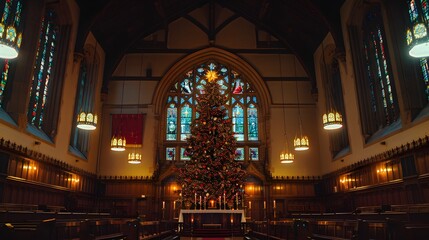 Obraz premium Ornate church interior with a large Christmas tree and stained-glass window.