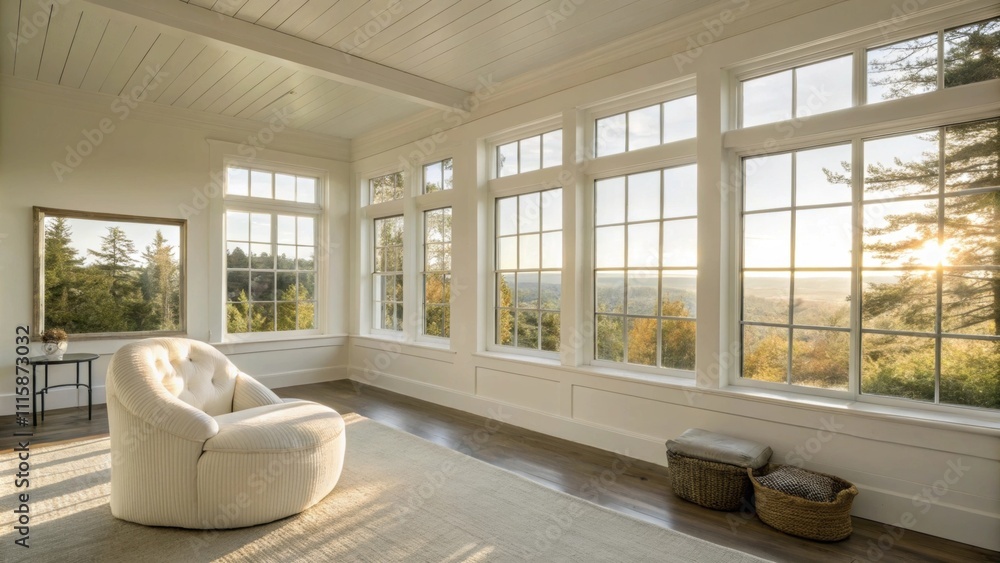 Aufkleber A tranquil sundrenched space with large picture windows and simple white walls set aside for future customfit seating that promises comfort and style.