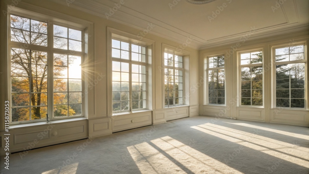 Aufkleber A tranquil empty room showcasing elegantly designed rectangular windows with sunlight illuminating the smooth unadorned surfaces of the walls and providing a serene atmosphere.