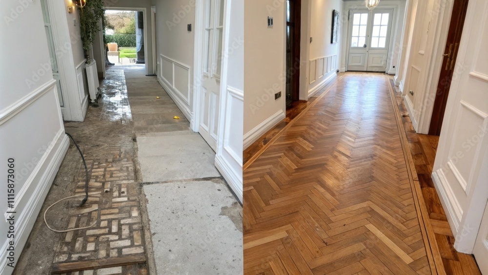 Poster a transitional hallway displaying newly installed parquet sections juxtaposed with the original conc