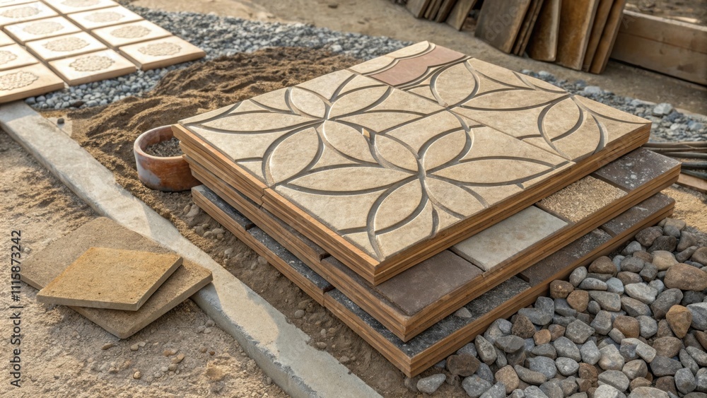 Poster A topdown view of a stack of textured stone tiles their earthy designs creating a natural look surrounded by loose gravel and construction materials.