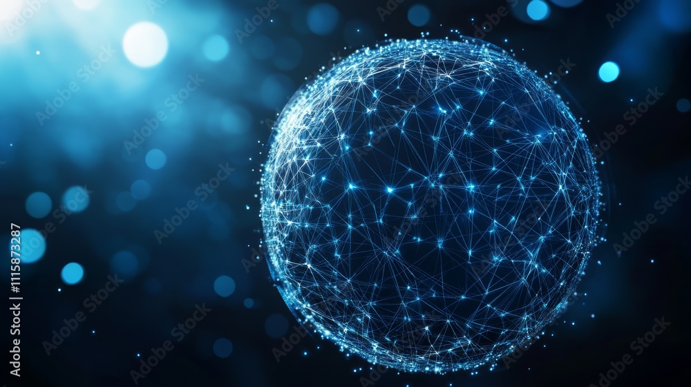 Poster abstract glowing blue sphere with interconnected nodes, representing global network or connection.