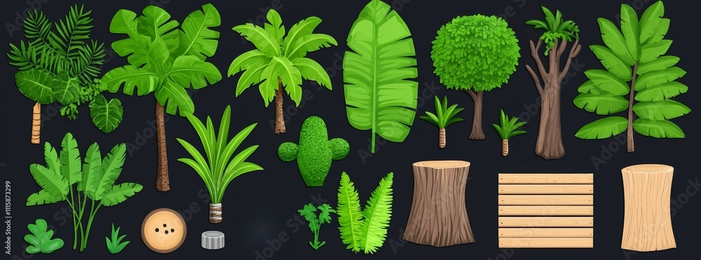 Poster jungle ui game sign board. forest wooden signboard frame template for text or button. tropical billb