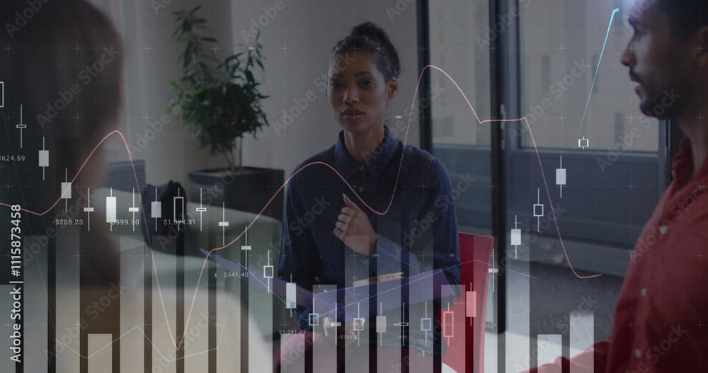 Aufkleber image of data processing and diagrams over diverse colleagues talking in office