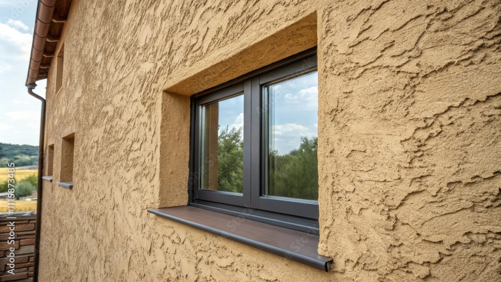 Poster A textured wall with a partially sealed window frame showing the contrast between the raw materials and the smooth finish of the sealing process.