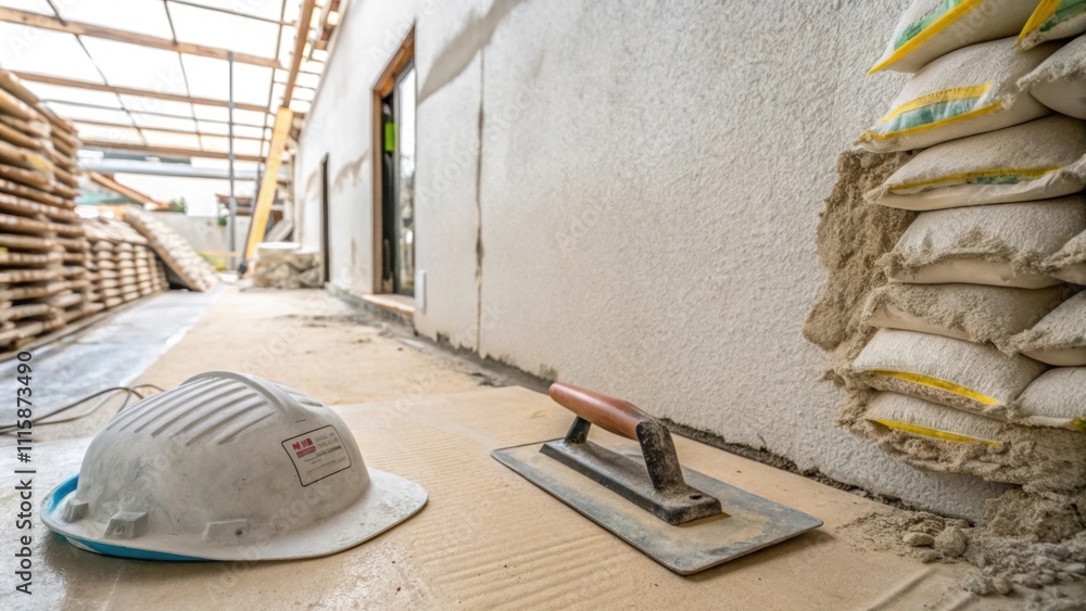 Poster A textured newly plastered wall taking center stage with a handheld float and a dust mask p on a nearby pile of construction materials.