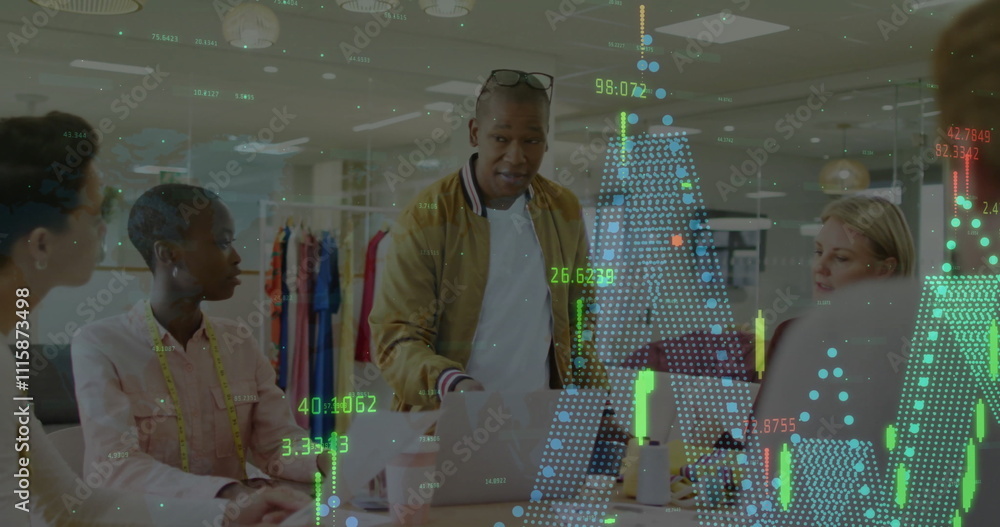 Poster image of data processing and diagrams over diverse colleagues talking in office