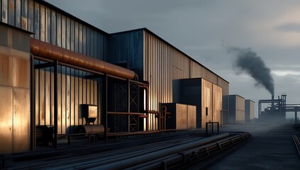 Fototapeta premium Industrial Facility at Dawn Showing Smoke and Pipes