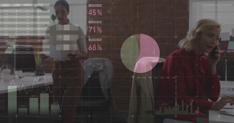 Image of data processing and diagrams over diverse colleagues working in office