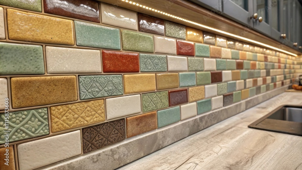 Poster a textured backsplash made of artisanal ceramic tiles showcasing a variety of glazes. the freshly gr