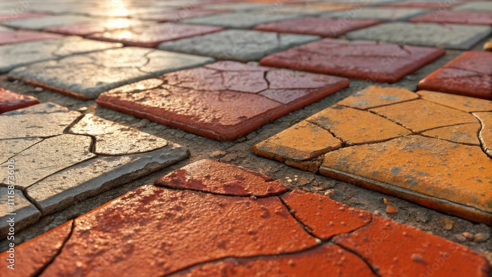 Poster a textured closeup highlighting the glossy surfaces of broken tiles with their vibrant hues muted by