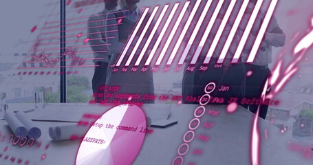 Image of financial data processing over diverse colleagues in office