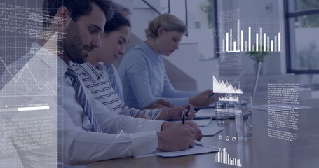 Image of financial data processing over diverse colleagues working in office