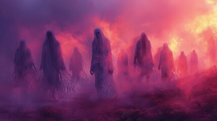 Spectral Figures Advance Through Fiery Haze