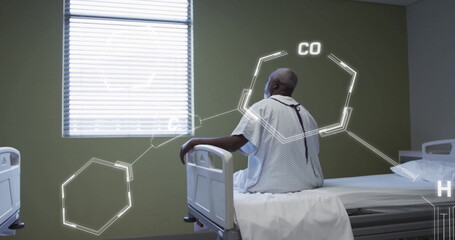 Image of scientific data processing over african american man in hospital bed