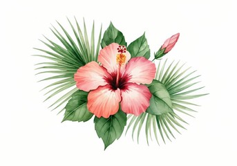 Obraz premium Watercolor Hibiscus Flower with Palm Leaves