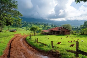 Rustic Farmhouse with Chickens on a Lush Green Landscape Under a Dramatic Cloudy Sky in Rural Countryside