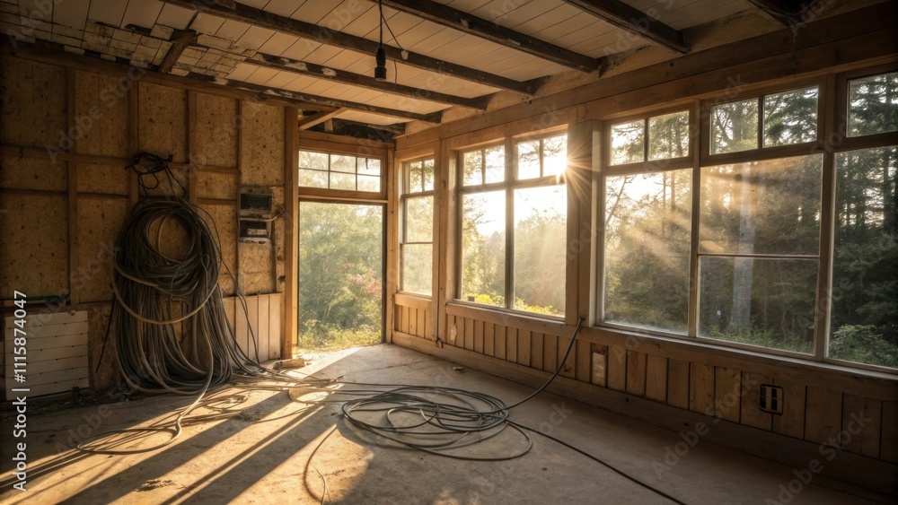 Poster a sunny sunroom with unplastered walls sunbeams creating a stark contrast against the dark network o