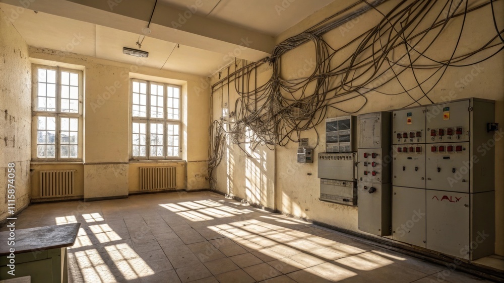 Poster A sunlit room with one wall dedicated to a chaotic arrangement of electrical wires creating an unexpected yet captivating visual element.