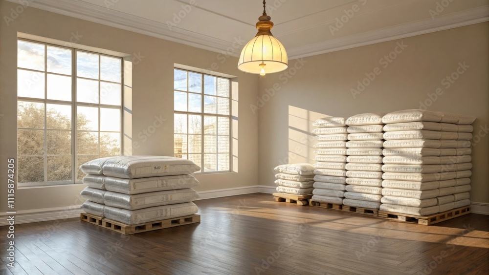 Poster a sundrenched room with a single light fixture hanging from the ceiling where organized stacks of in