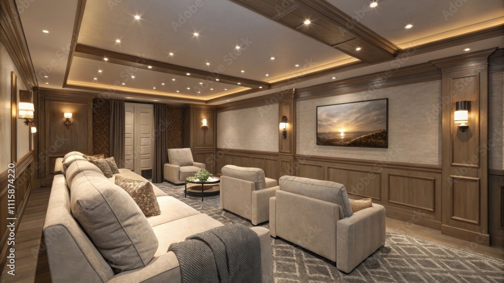 Poster A stylish media room where recessed lights softly illuminate plush seating enhancing movie nights with a cozy and inviting glow.