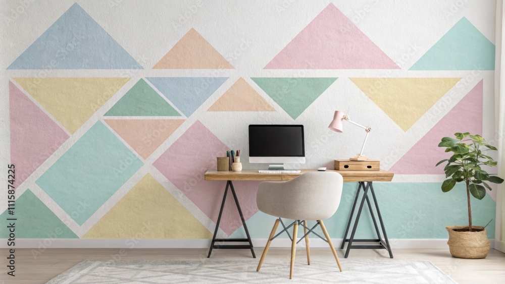 Aufkleber a stylish workspace with a blank wall marked by painters tape in soft pastel colors creating overlap