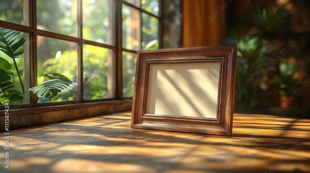 Poster empty wooden frame on rustic table by window.