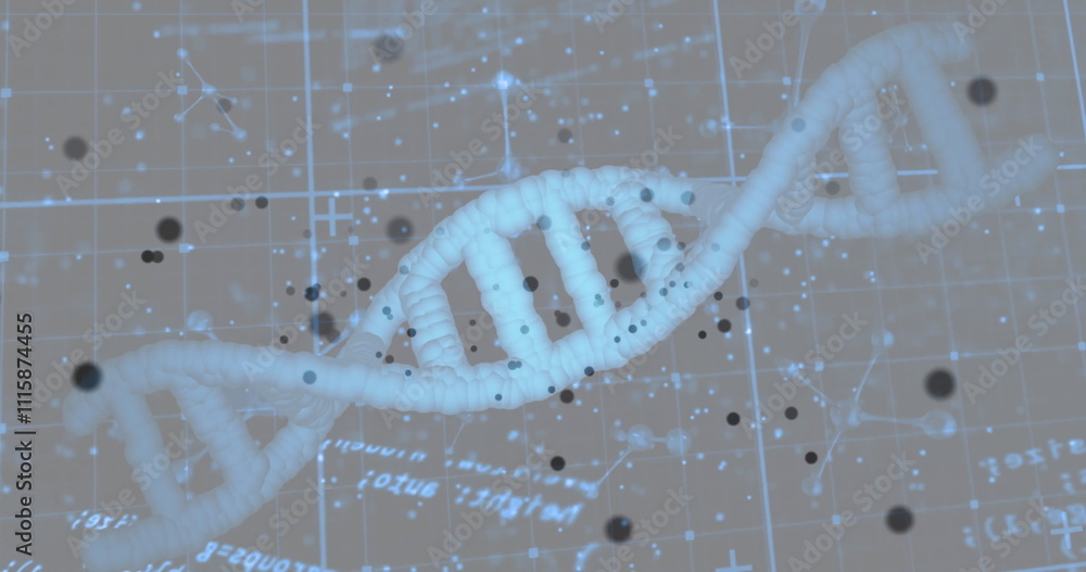 Poster image of dna strand over data processing and shapes