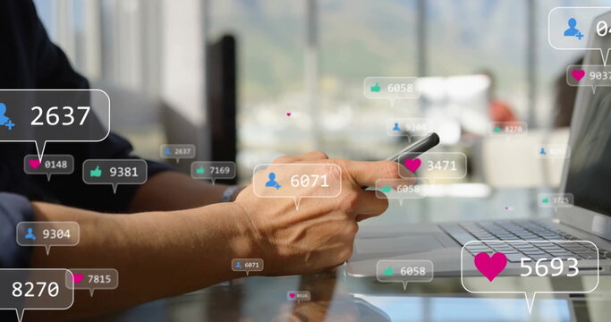 Image of social media icons with numbers over caucasian businessman using smartphone